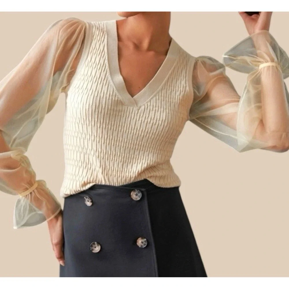 ANTHROPOLOGIE MAEVE Ivory XXS Sheer Organza Sleeve Textured Knit V-Neck Pullover
